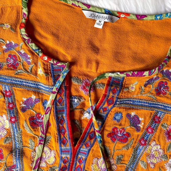 John Mark BOHO Woven Floral Embroidered Split Neck Tie Front 3/4 Sleeve Top M - Picture 6 of 7